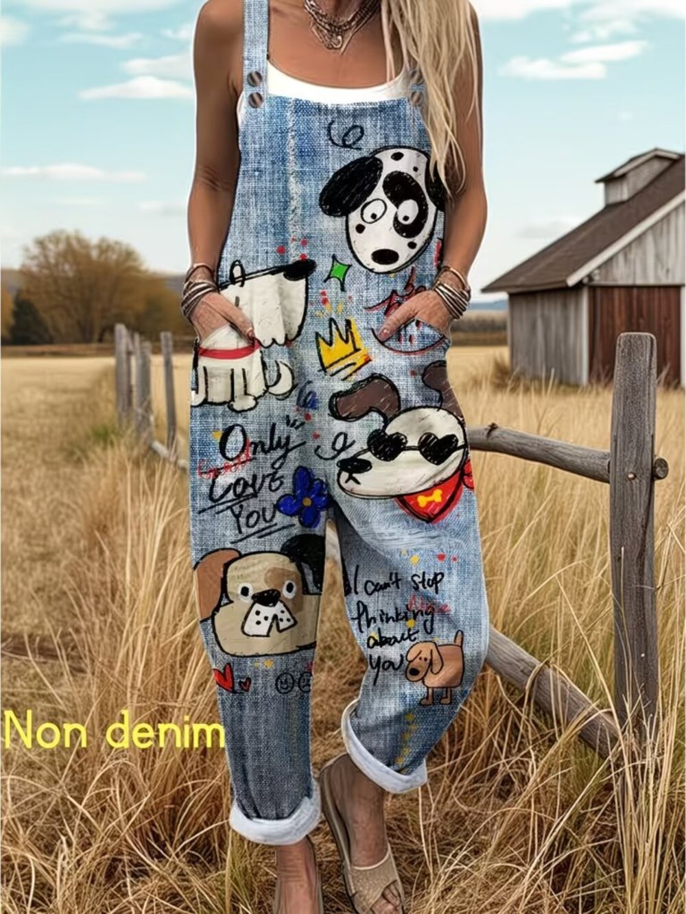Women's Dog and Denim print Overalls; size Large